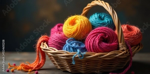 Obraz A brimming basket overflows with vibrant yarn skeins , texture, crochet