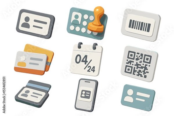 Obraz Digital identification, qr codes, barcode icons, calendar date, contact cards