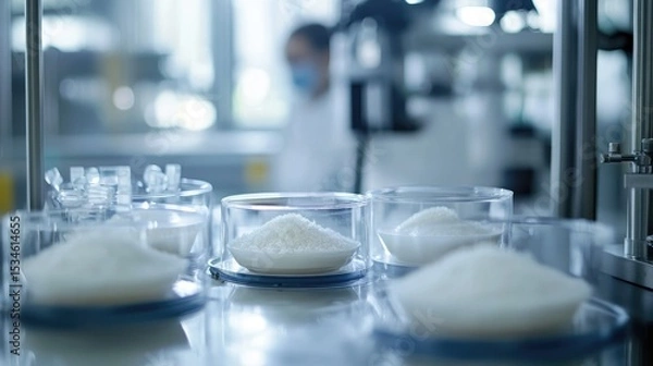 Fototapeta Close-up of White Powders in Laboratory Glassware with Blurred Background of Scientist Working in Modern Research Facility