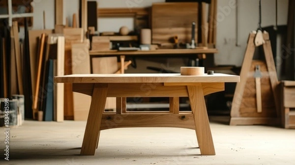 Fototapeta Modern Wooden Table in Craft Workshop Surrounded by Tools and Materials for Furniture Making