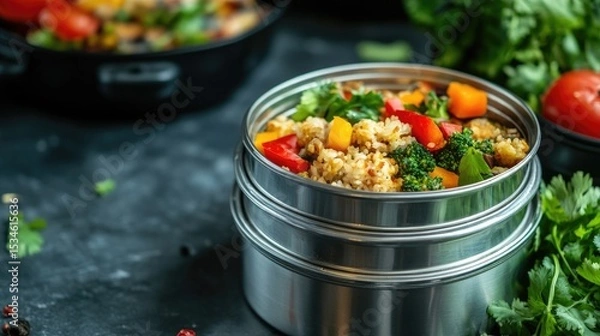 Fototapeta Colorful Quinoa Salad with Fresh Vegetables in Stainless Steel Containers on a Dark Background