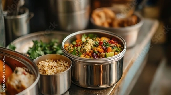 Fototapeta Colorful Bowl of Fresh Vegetarian Salad with Grains and Vibrant Vegetables on a Rustic Table Setting