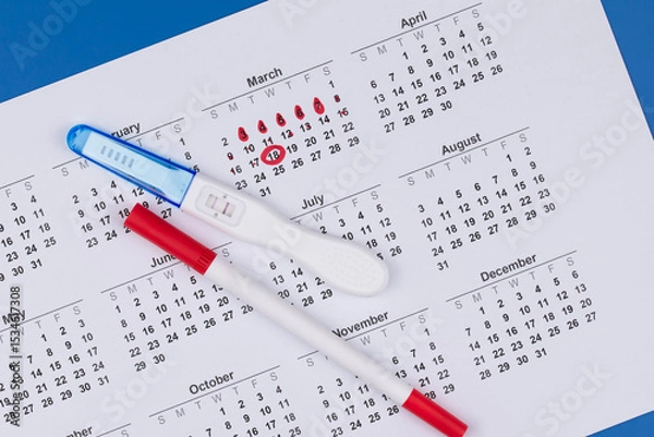 Fototapeta Positive pregnancy test, gynecological ultrasound image and ovulation calendar marked with menstruation and ovulation dates. Fertility tracking, family planning, maternal health, and prenatal care.
