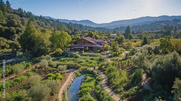 Fototapeta Scenic View of Lush Gardens and Rustic Home Amidst Mountains and Tree-Lined Hills in Bright Daylight