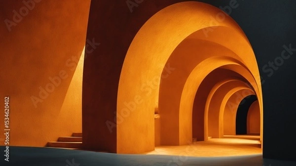 Obraz Bold modern architecture with overlapping orange arches in dramatic shadow and soft light transitions.
