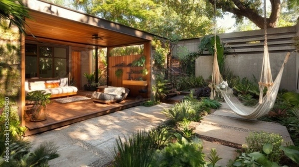 Fototapeta Modern Tranquil Garden Space with Hammock and Cozy Seating Underlush Greenery