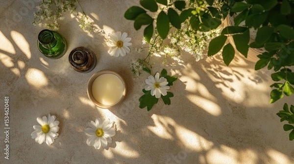 Fototapeta Tranquil Aromatherapy Setup with Natural Elements, Candles, Essential Oils, and White Flowers on Textured Surface