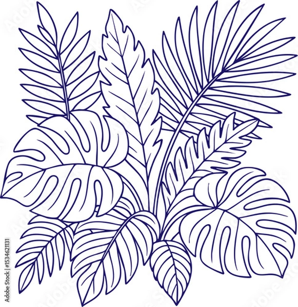 Fototapeta Tropical leaves composition in line art style with black outlines