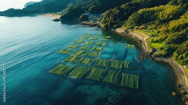 Fototapeta Aerial View of Seaweed Farming in Tranquil Coastal Waters with Lush Greenery and Scenic Landscape