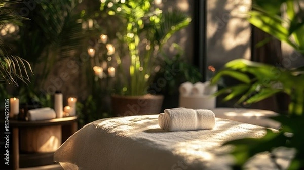 Fototapeta Tranquil Spa Interior with Soft Lighting, Fresh Towels, and Lush Greenery for Ultimate Relaxation Experience