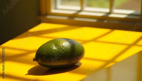 Obraz Golden avocado basking in sunlight on a vibrant yellow tabletop, hyperrealism. isolated with white highlights