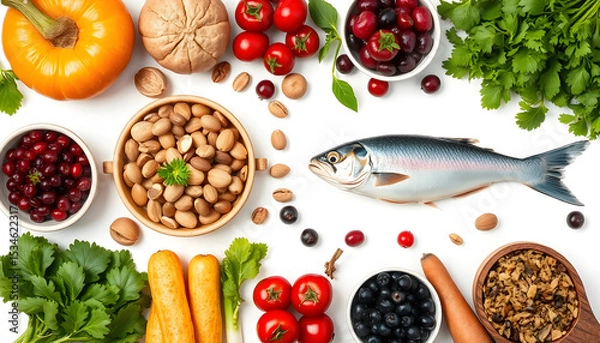 Obraz "A nutritious assortment of fresh healthy foods including fish, nuts, protein sources, berries, vibrant vegetables, and ripe fruits arranged neatly on a clean white background from a top-down perspe