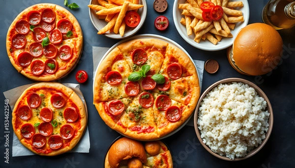 Obraz A variety of delicious pizza toppings, crispy beer snacks, juicy burgers, flavorful wok dishes, and steaming rice arranged elegantly from above., Dreamy. isolated with white highlights