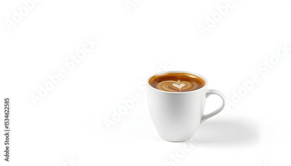 Fototapeta A creamy latte coffee in a white mug isolated on a plain white background with a clipping path, Dynamic motion. isolated with white highlights