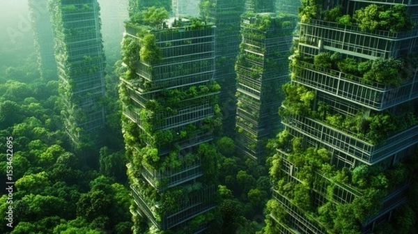 Fototapeta Lush Vertical Gardens Transform Urban Skyline Into Vibrant Green Oasis Surrounded by Dense Forest Canopy