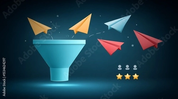 Obraz Business leaders flying paper planes shaped like customer reviews into glowing funnel feedback optimization concept