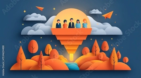 Obraz Business leaders flying paper planes shaped like customer reviews into glowing funnel feedback optimization concept