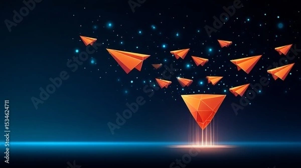 Obraz Business leaders flying paper planes shaped like customer reviews into glowing funnel feedback optimization concept