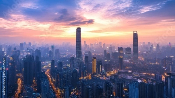 Fototapeta Breathtaking Urban Skyline at Dusk with Towering Buildings and Soft Sky Colors Over a Cityscape in Twilight