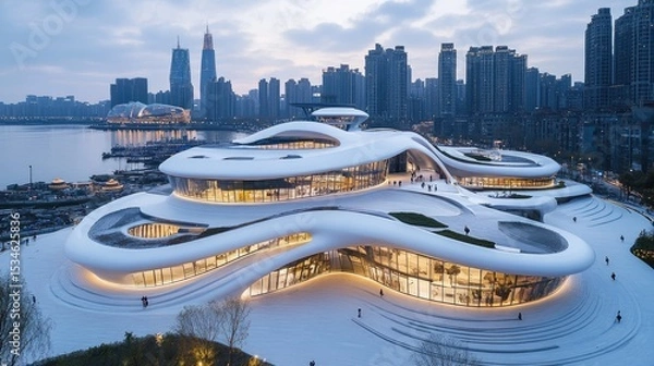 Fototapeta Modern Architectural Marvel Overlooking Urban Skyline at Dusk with Fluid Shapes and Natural Scenery