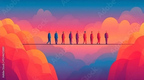 Obraz Business professionals walking across tightrope suspended between risk and reward cliffs enterprise risk assessment concept