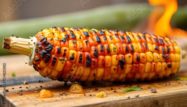 Obraz Juicy, smoky charred sweet corn on the cob, realistic. isolated with white highlights