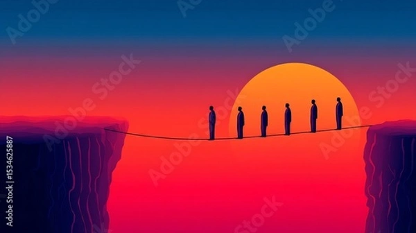 Obraz Business professionals walking across tightrope suspended between risk and reward cliffs enterprise risk assessment concept