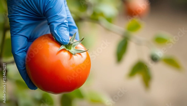 Obraz "A gloved latex hand clutching a plump, juicy tomato", close-up. isolated with white highlights