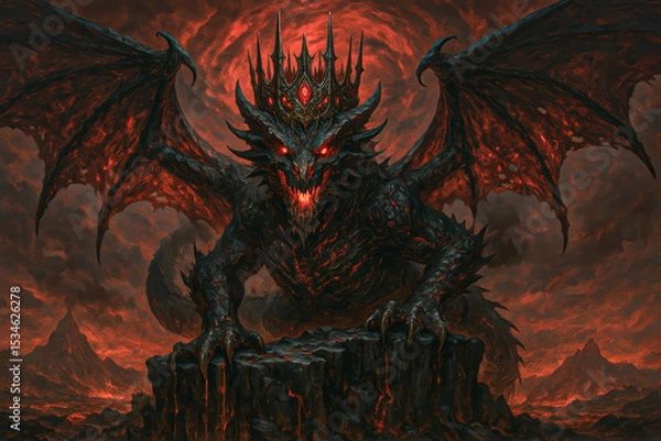 Obraz Crowned Demon Dragon with Glowing Eyes Perched on Cliff in Fiery Hellscape