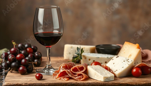Obraz Elegant still life of rich red wine, creamy cheese, and savory prosciutto, detailed. isolated with white highlights