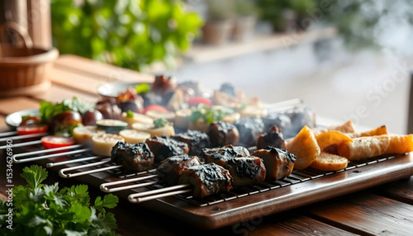 Obraz Savory plant-based barbecue delights sizzling on a rustic wooden table, silhouette. isolated with white highlights