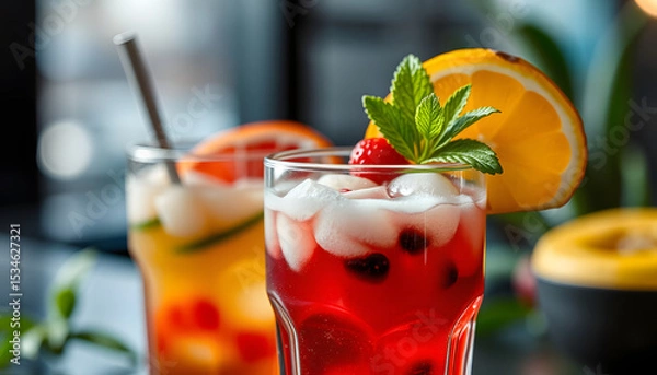Obraz Icy beverages adorned with fresh fruit slices, professional photography. isolated with white highlights
