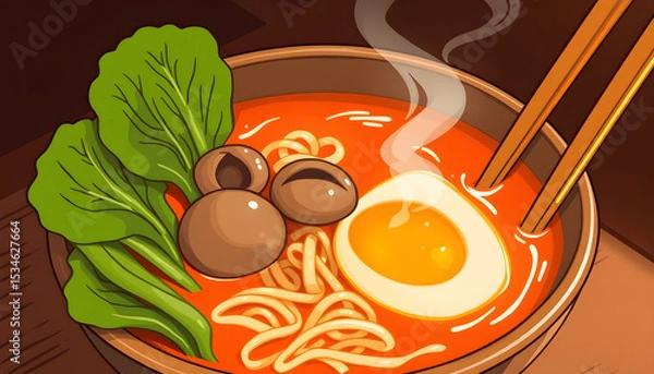 Obraz Hearty ramen noodle soup topped with soft-boiled eggs, earthy mushrooms, and crisp pak choi bathed in warm orange light. isolated with white highlights