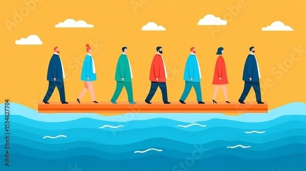 Obraz Business team crossing river of churn using a bridge made of retention strategies customer loyalty management concept