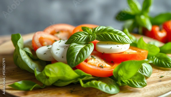 Obraz Fresh Caprese salad featuring ripe tomatoes, creamy mozzarella, and aromatic basil—Italian cuisine in stunning photorealism., 8k. isolated with white highlights