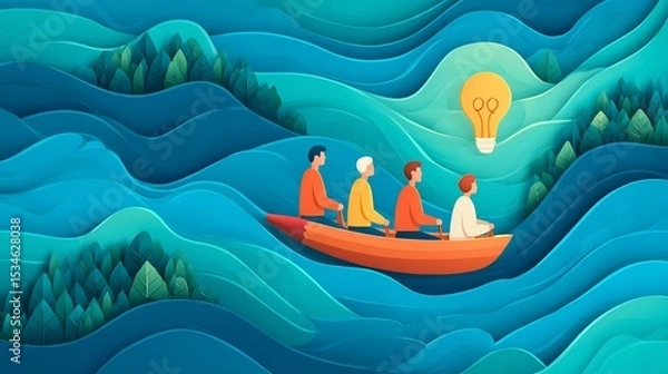 Obraz Business team rowing giant pencil across data waves toward a glowing idea bulb island creative campaign planning concept