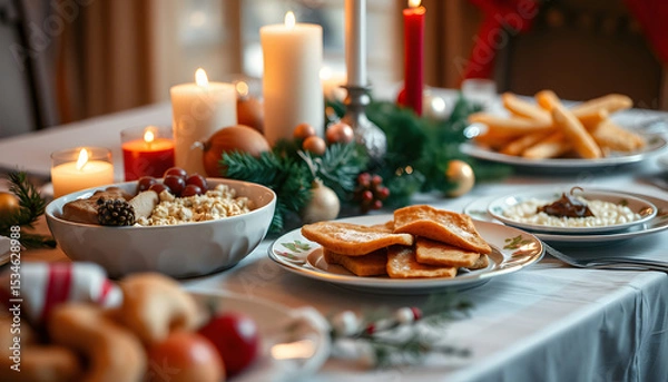 Obraz Festive holiday feast spread beautifully set table, close-up. isolated with white highlights