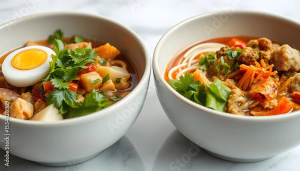 Obraz Flavorful Asian dishes served in elegant bowls, dramatic. isolated with white highlights