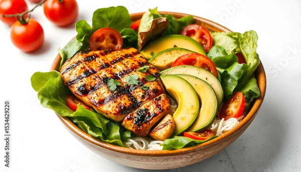 Obraz Juicy grilled chicken with a crisp vegetable medley of ripe tomatoes, creamy avocado, leafy lettuce, and tender spinach. Wholesome detox meal. Keto-friendly nourishing Buddha bowl on clean white bac
