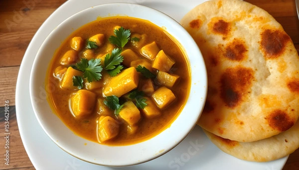 Obraz Flavorful cholar dal and tender patol aloo sabzi paired with crispy fried luchi or golden poori, authentic Bengali cuisine, dreamy atmosphere. isolated with white highlights