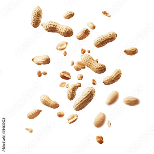 Obraz Whole and shelled peanuts floating and isolated on transparent background