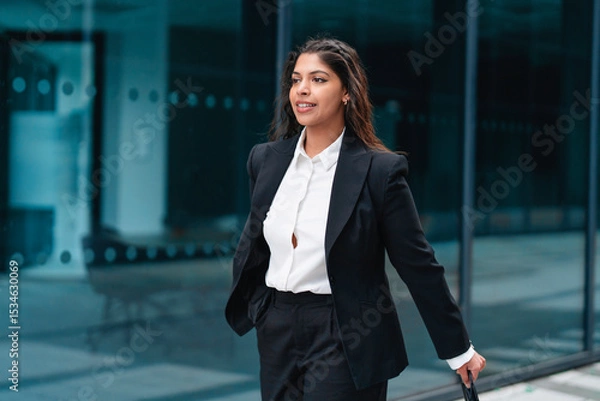 Obraz Confident businesswoman walking with purpose outside a modern office building during daylight hours in a bustling urban environment