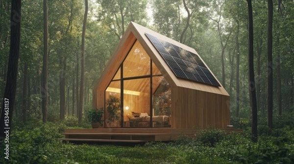 Fototapeta Modern eco-friendly cabin with solar panels in lush green forest surrounded by trees and natural sunlight filtering through