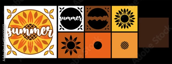 Fototapeta Vector layered paper cut summer design with sunflower. 3D shadow box or tunnel card with flower. Floral template for paper cutting