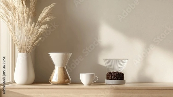 Fototapeta Calm and Minimalist Coffee Setup with Decorative Elements in Soft Natural Light