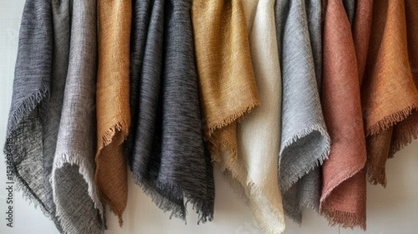 Fototapeta Aesthetic Display of Textured Fabrics in Earthy Tones Hanging Gracefully in a Studio Environment