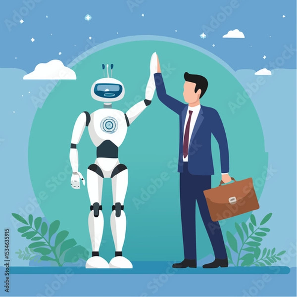 Obraz Working together with AI Artificial Intelligence, human cooperate with machine or robot, AI help or support coworker, assistance or partnership concept, businessman hand high five with robot han