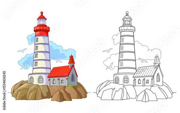 Fototapeta Colorful and black and white template for coloring. Fantasy illustration of an ancient Breton lighthouse on the Atlantic coast. Worksheet for coloring book for children and adults. Hand drawn vector
