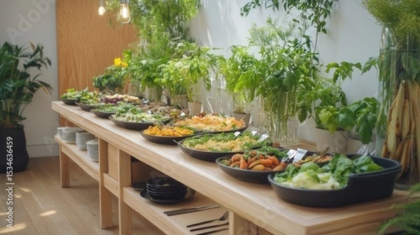 Fototapeta Fresh and Colorful Buffet of Healthy Salads with Various Ingredients in Modern Indoor Setting