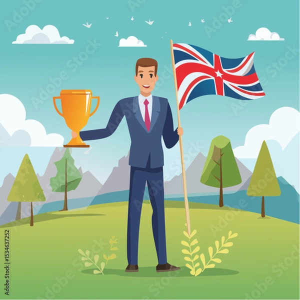 Obraz Leadership team leader to lead team to success, company ceo win business competition together, management or professional to reach goal or achievement, businessman leader hold winning flag with tea